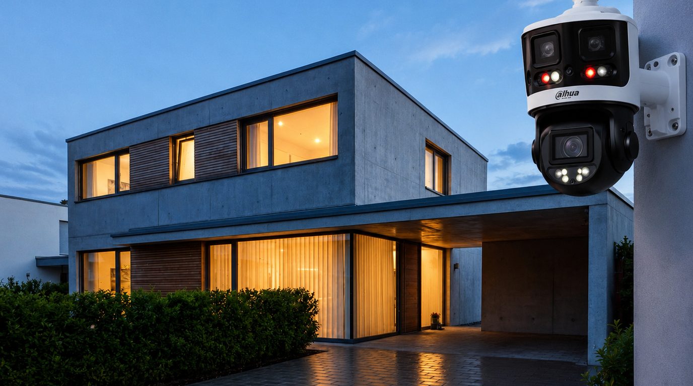 Dual-Kamera an der Fassade eines modernen Wohnhauses in der Dämmerung