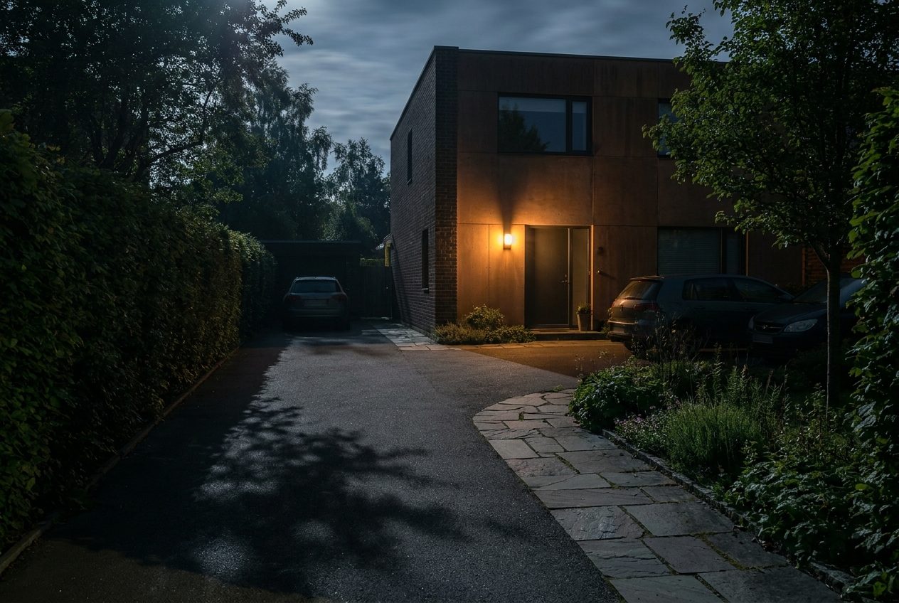 Hauseinfahrt bei Nacht im Licht einer Kamera