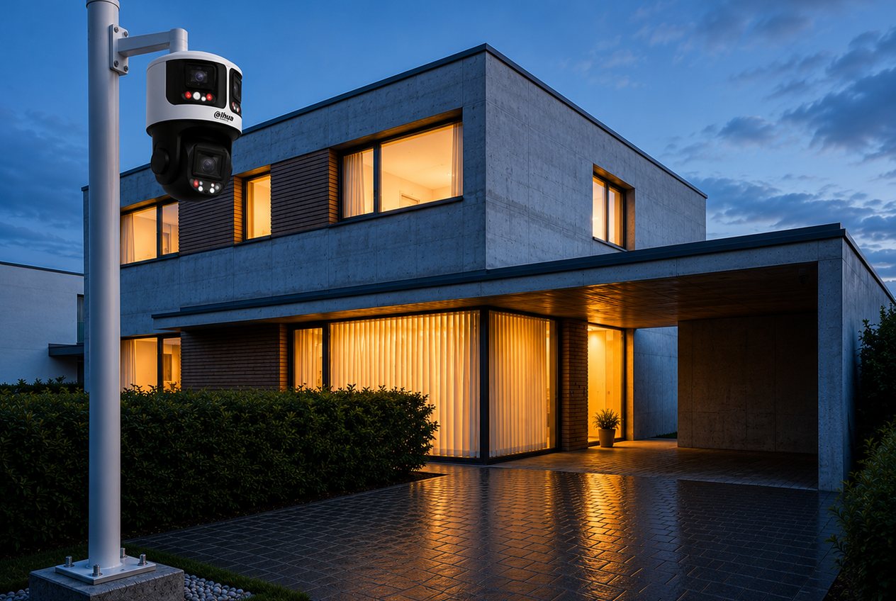 Überwachungskamera auf einem Mast vor einem Wohnhaus