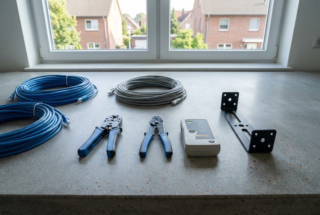 Werkzeug und Netzwerktechnik auf der Werkbank